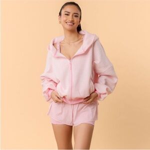 Blogilates Women's Marshmallow Hooded Sweatshirt - Pink Gingham size large